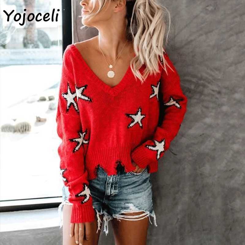 Yojoceli star knitted sweater v neck distressed pullover jumper women streetwear top 210609