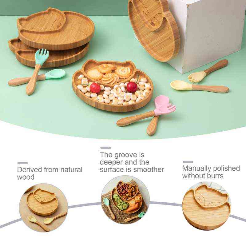 1set Baby Feeding Bowl Baby Dinner Plate Cartoon Sheep Bamboo Kids Feeding Dinnerware With Silicone Suction Cup Wooden Fork Spoo 211027