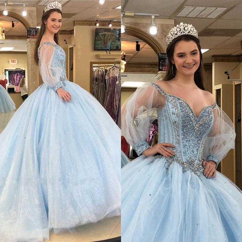 Sparkly Quinceanera Dresses With Long Juliet Sleeves Beaded Crystals Sweet Birthday Party Princess Ball Gown Vestido 6660306