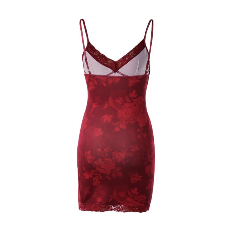 Sexy Women's Bodycon Mini Dress Retro Floral Print Sleeveless Spaghetti Strap V Neck Lace Trim Cami Dress New Fashion 2021