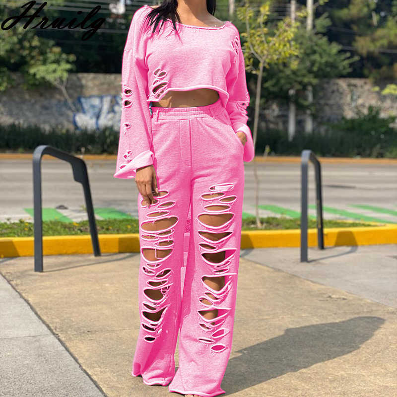 Clothes for Women Long Sleeve Solid Color Crop Top&long Pants Hole Pocket Casual 2 Piece Outfits for Women Streetwear 2 Pc 211007