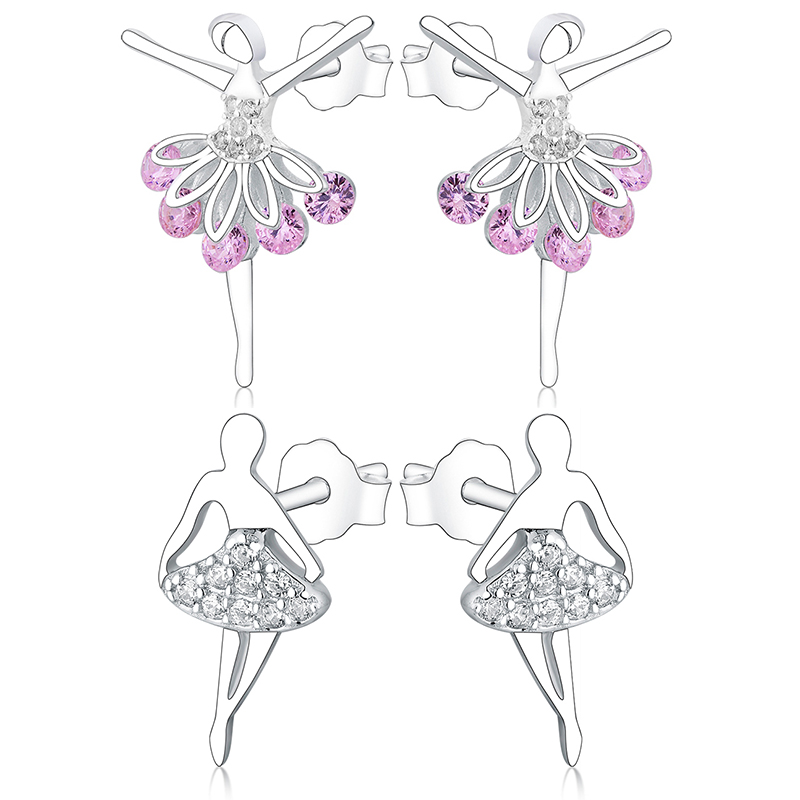 Authentic 925 Sterling Silver Pink CZ Dancing Girl Stud Earrings for Women Girls Fine Jewelry Gift Moda Bijoux