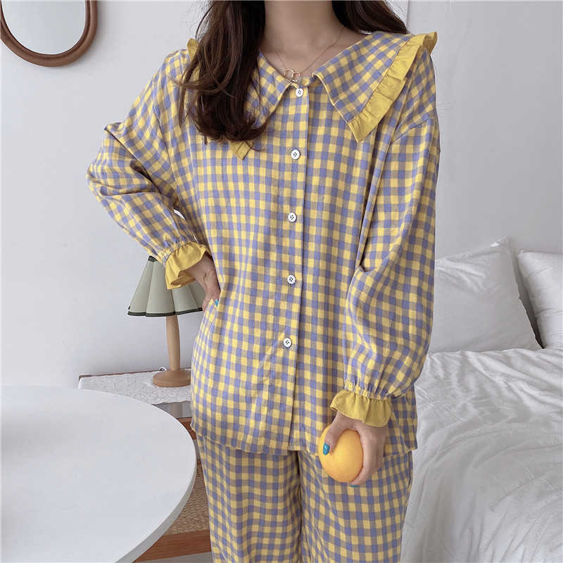 Mozuleva Pyjamas Women Soft Cotton Home Wear Autumn Winter Pijama Female Pants Suit Lapel Plaid Pajamas Set Sleepwear 210706