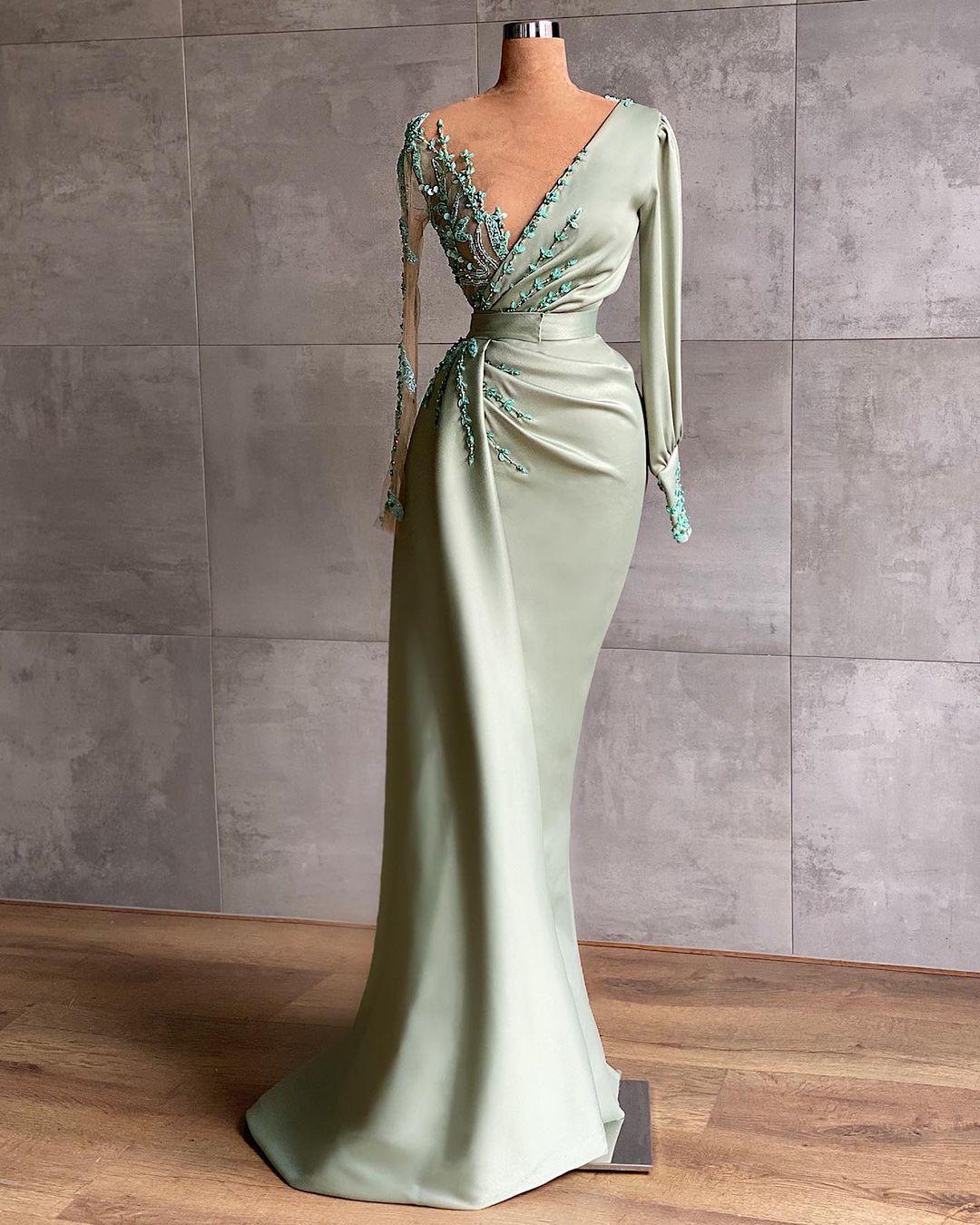 Arabic Aso Ebi Sage Sexy Mermaid Evening Dresses Beaded Sequins Prom Dress Sheer Neck Formal Party Second Reception Special Ocn Gowns Custom Made
