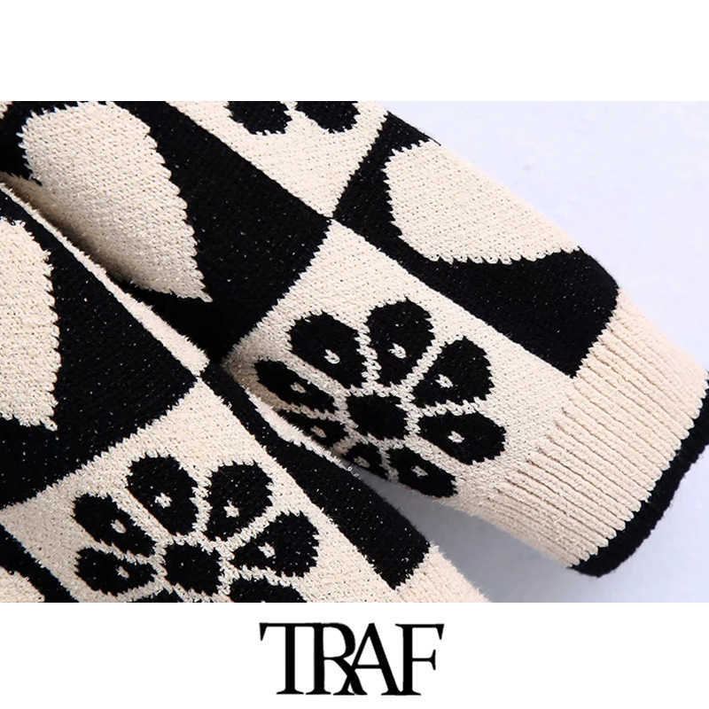 TRAF Women Fashion Jacquard Loose Knit Cardigan Sweater Vintage Long Sleeve Covered Buttons Female Outerwear Chic Tops 211011Z