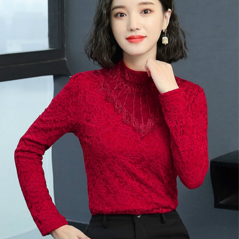 Elegant Feminine High Neck Lace Bottom Blouse & Shirt Women Long Sleeve Tops Warm Shirt Plus Size 4XL 210225