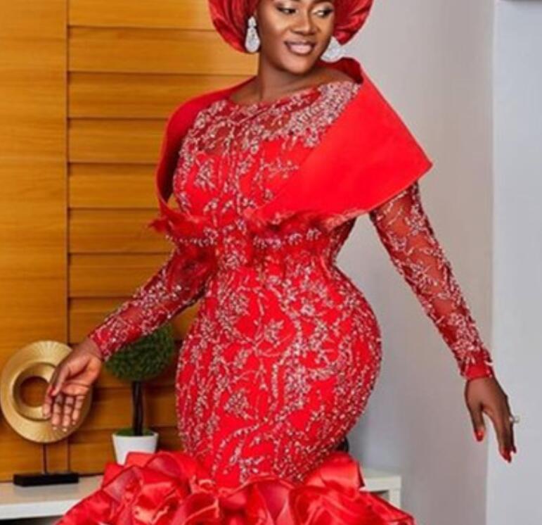 Arabic Aso Ebi Luxurious Red Mermaid Evening Lace Beaded Prom Dresses Sexy Formal Party Second Reception Gowns Zj