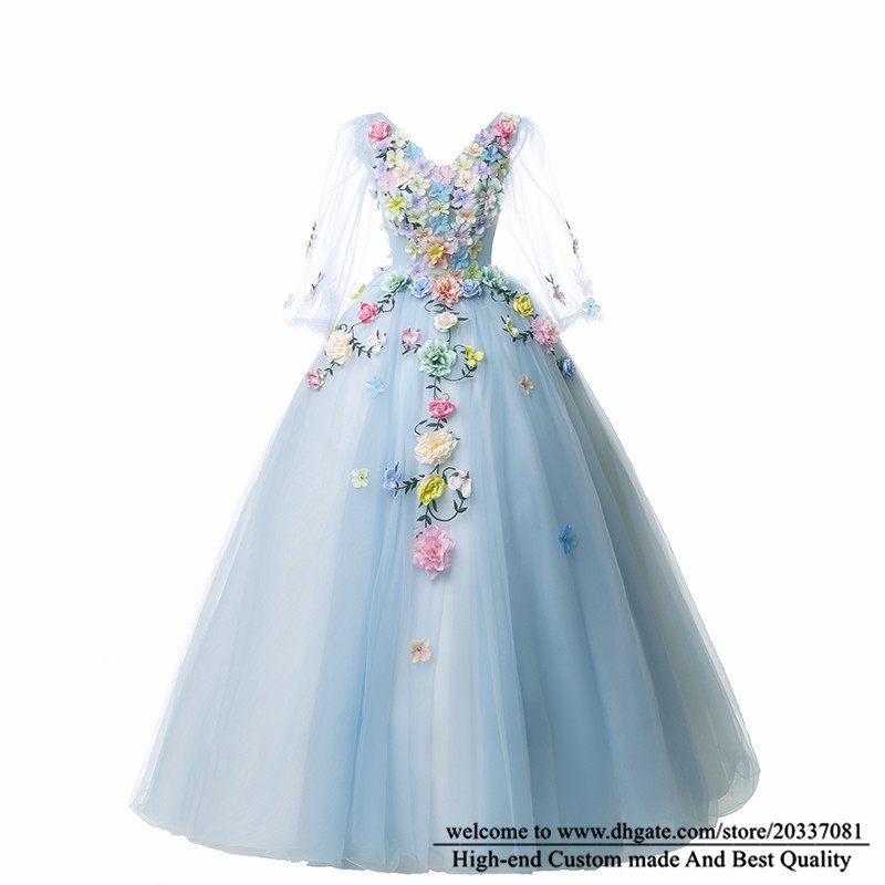 Quinceanera Dresses 2021 Sexy V-Neck Flowers Party Prom Formal Lace Up Princess Long Sleeve Ball Gown Tulle Vestidos De 15 Anos Q36