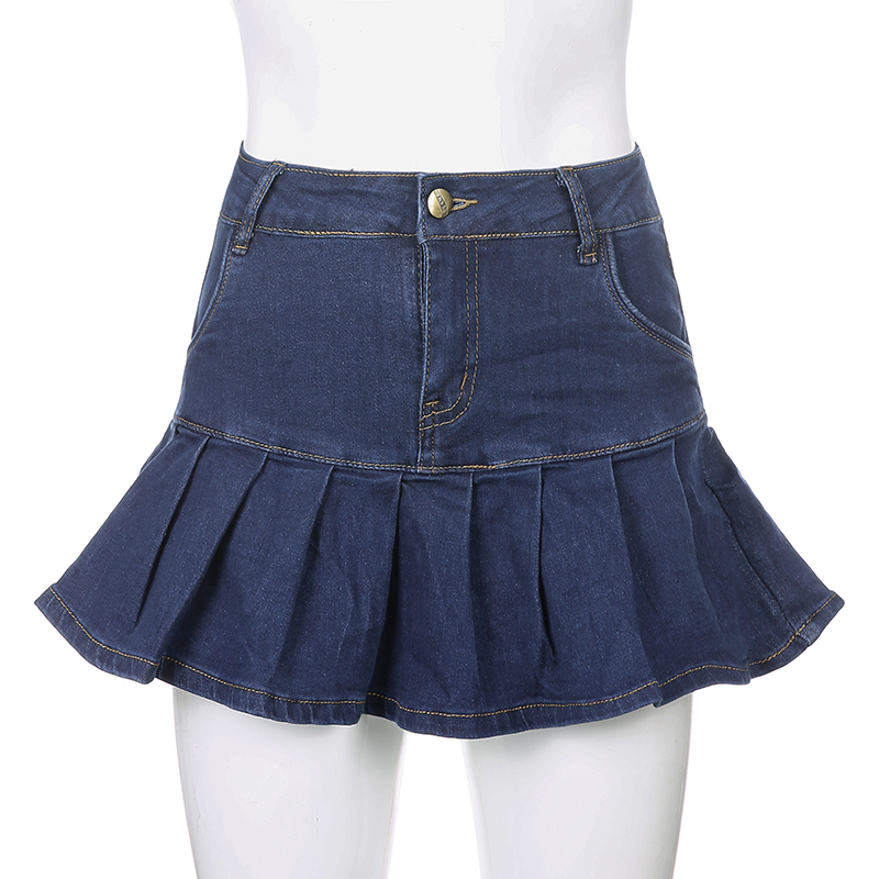SUCHCUTE women's a-line skirt gothic denim pleated skirt summer Y2K aesthetics streetwear vintage e girl 90s 210306