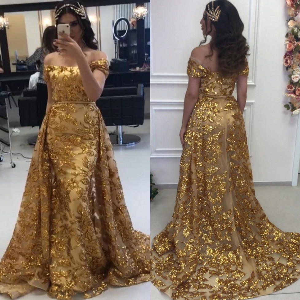 Lace Shining Sequined Mermaid Prom Dresses With Detachable Train Off The Shoulder Evening Gowns Custom Made Formal Dress