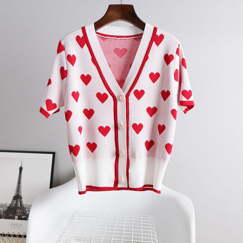 Women's Knits & Tees Korean Sweet Red Love Knitwear Women 2021 Summer V-Neck Pearl Buckle Thin Sweater Short-Sleeved Ice Silk Knitted Cardig, White 
Women's Knits & Tees Korean Sweet Red Love Knitwear Women 2021 Summer V-Neck Pearl Buckle Thin Sweater Short-Sleeved Ice Silk Knitted Cardig, White
