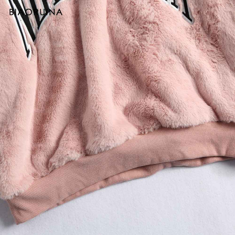 BIAORUINA Women's Nebraska Letter Embroidery Warm Thick Pink Fluffy Hoodies Female Sweet Casual Oversized Hooded Sweatshirt 201217