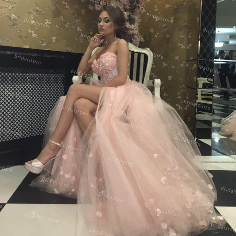 Sexy High Low Pink Floral Prom Dresses Sweetheart Overskirt Short Women Graduation Ceremony Evening Dress 2021 Tulle Formal Party Boho Dress