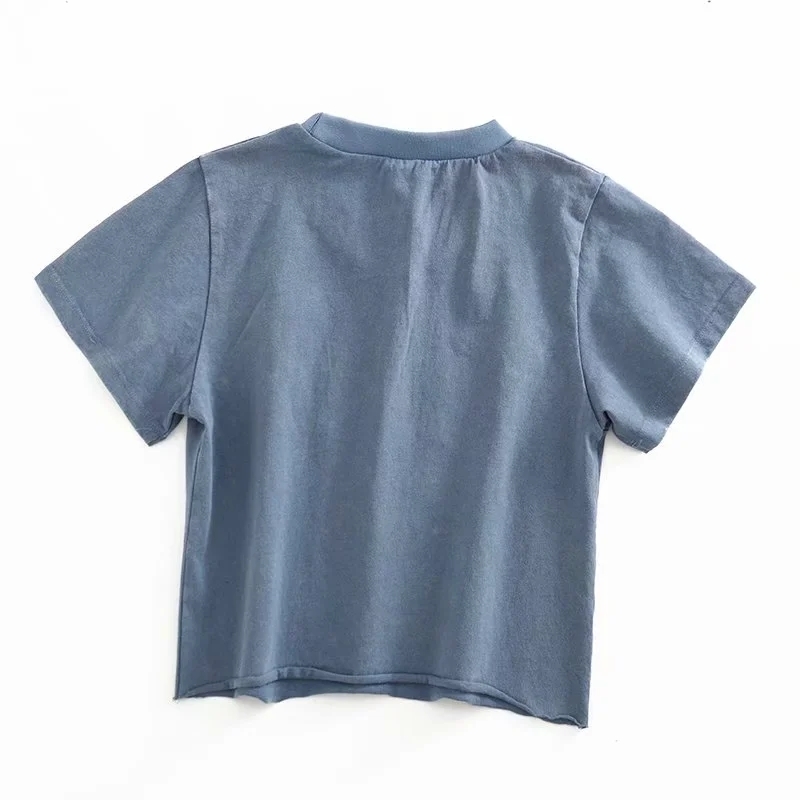 Women Embroidery Letters Washed Crop Tee with Raw Hem Short Sleeve Cotton Crop T-shirt In Blue 210306