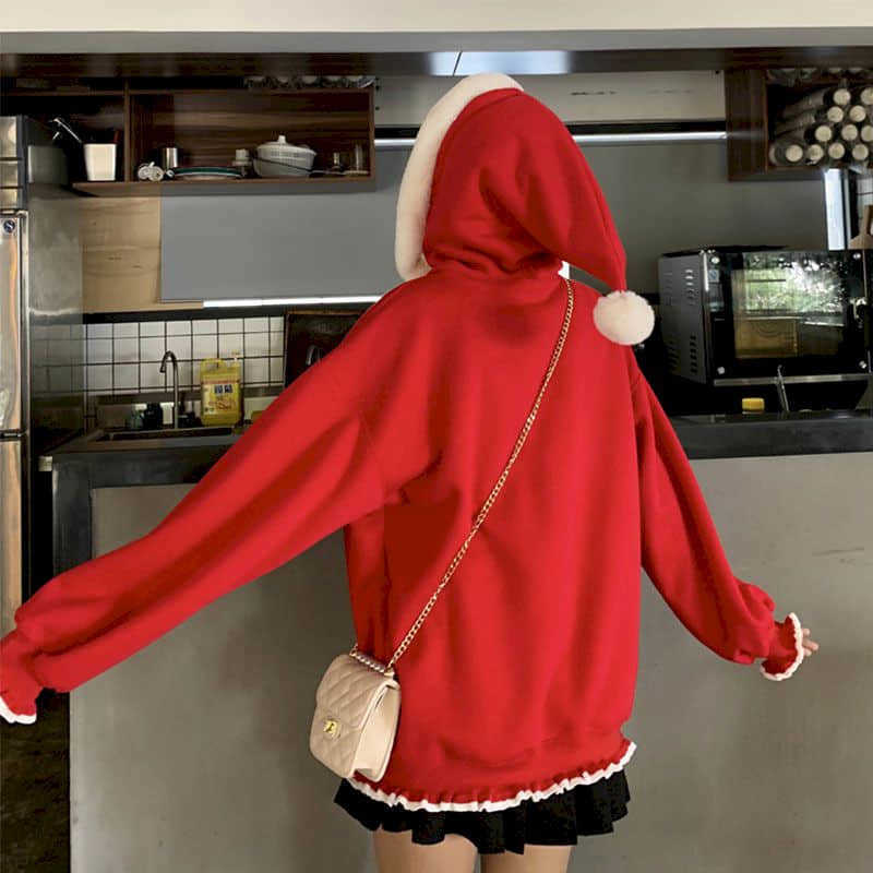christmas hoodies women tops jacket autumn and winter hooded red sweatshirt year clothes women's plus velvet thickening 210526