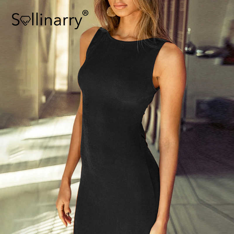 Sollinarry Solid O-neck Straight Vestidos Sexy Backless Slim Sleeveless Women Dress Summer Midi Party Slit Bodycon Dress 210709