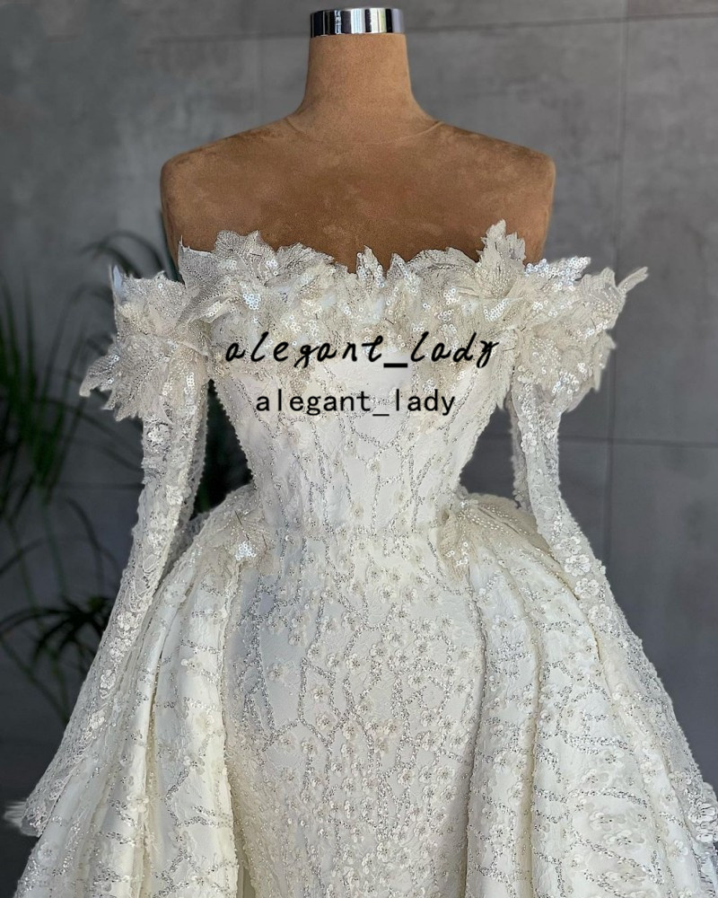 sparkly Mermaid african Wedding Dresses With Detachable Train vestidos de novia Civil Sequin Applique Bridal Gowns Long Sleeves