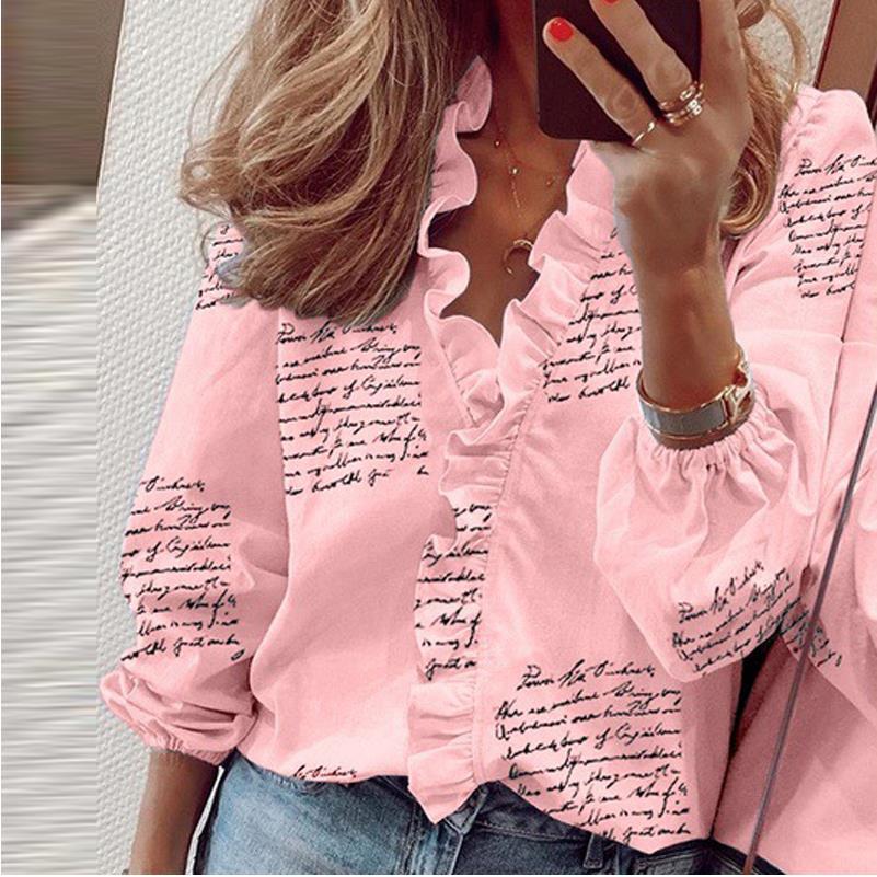 Blouse Shirts Office Lady Spring Summer Print long Sleeve Ruffle Women Blouses Sexy V-neck Long Sleeve pullover Tops 210225