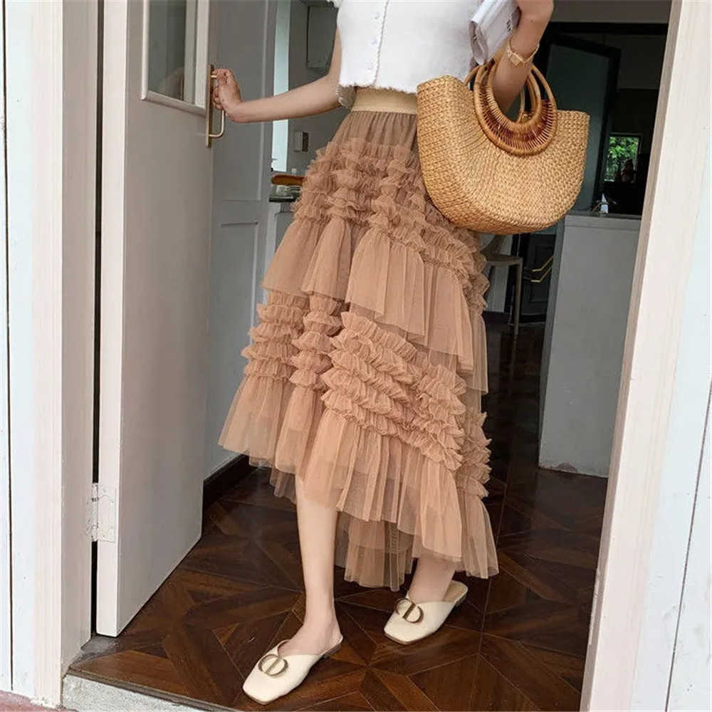 French Elegant Ruffled Irregular Cake Stitching Pleated Skirts Women Vintage Mesh High Waist Layered Tulle Skirts Streetwear 210619