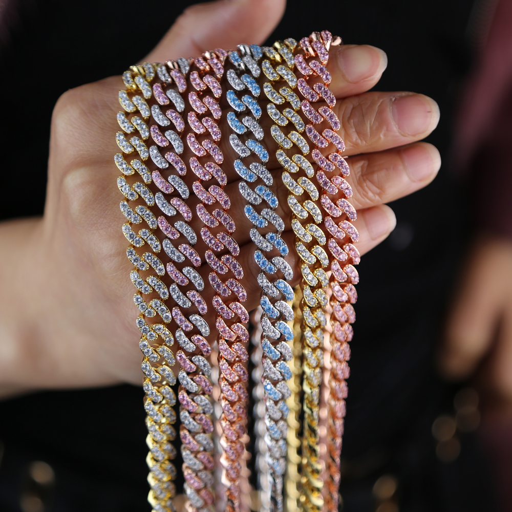 9mm cz cuban chain white pink blue colorful cubic zirconia thin cuban link chains hip hop bling men boy necklace jewelry