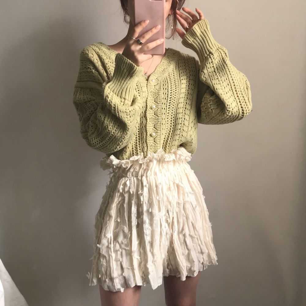 Qooth Fashion Cardigan Sweater Women V neck Hollow Out Lady Woolen blends Full Sleeve Knitwear Jumper Female QH139 210609