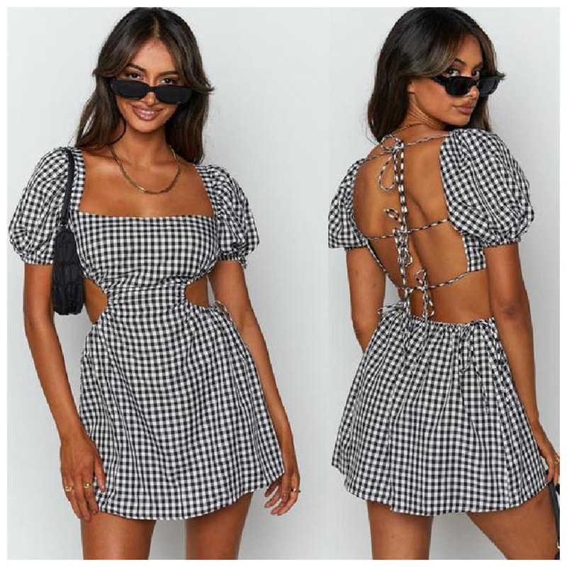 Sexy Backless Mini Dresses Women Summer Square Collar Lace Up Hollow Out Puff Sleeve High Waist A-Line Dress Femme Vestidos 210526