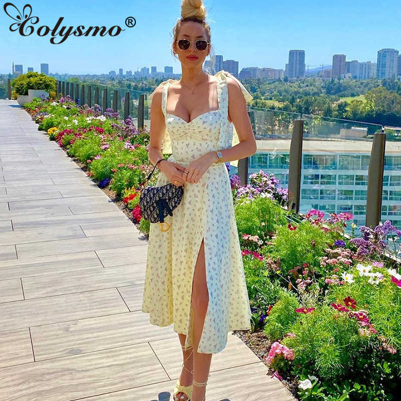 Colysmo Floral Summer Dresses Women Spaghetti Straps Chest Ruched Long A-line Sweet Print Prairie Chic Midi 210527