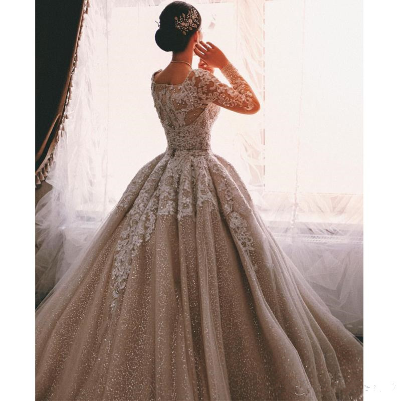 Arabic Rose Gold Sparkly Dresses Lace Beaded Long Sleeves Bridal Dress Vintage Sexy Chapel Train Wedding Gowns Robe De Mariee