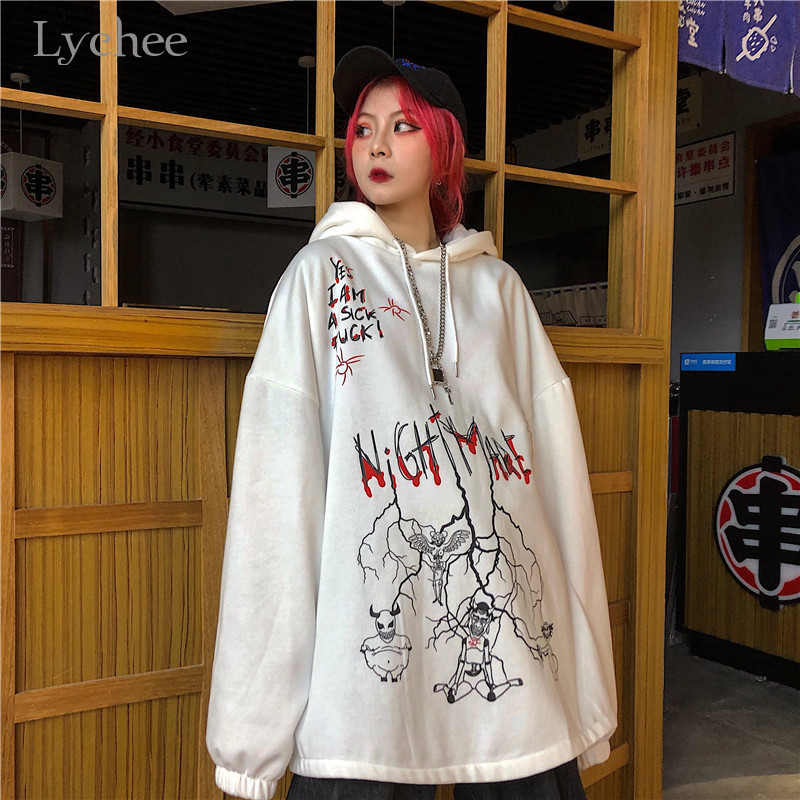 Lychee Harajuku Loose Casual Female Hoodies Pullovers Graffiti Devil Letter Women Hooded Sweatshirt Autumn Lady Sweatshirts Tops 201212