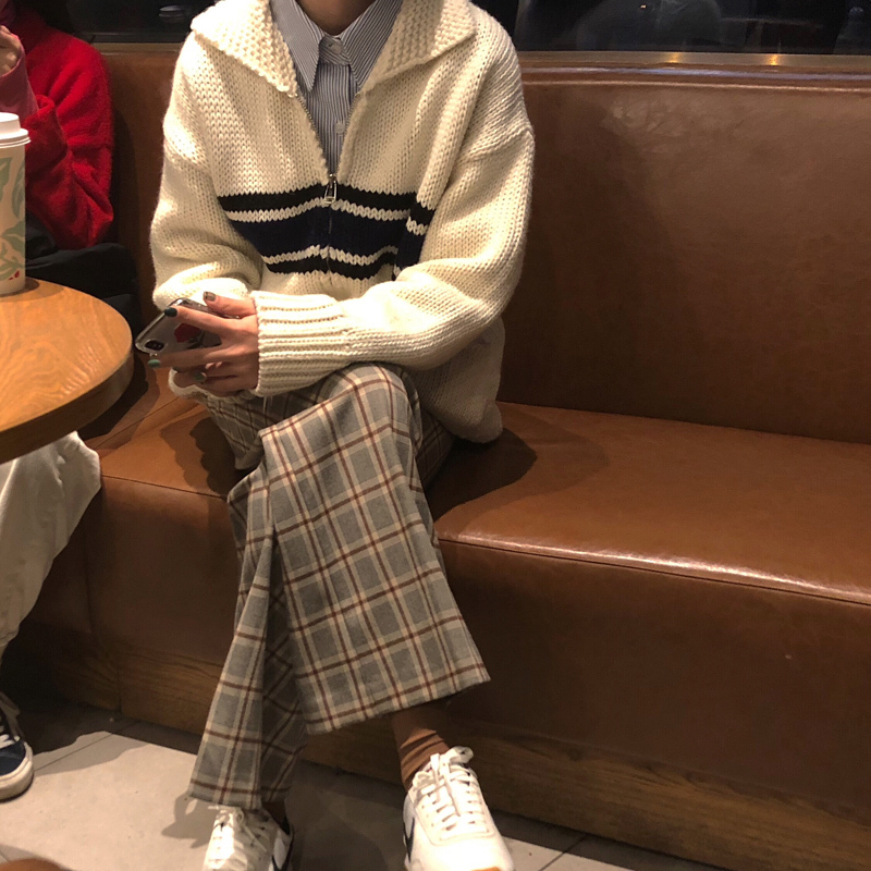 2 Colors autumn and winter korean style turn down collar stripe zipper thick knittd cardigans womens sweaters womens(C8540) 210218