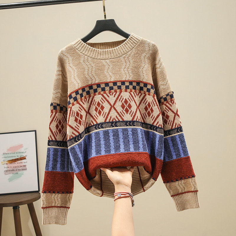 Autumn Winter Women's Sweater Nordic Style Round Neck Retro Jacquard Pullover Sweater New Loose Casual Knitted Sweaters LL298 210218