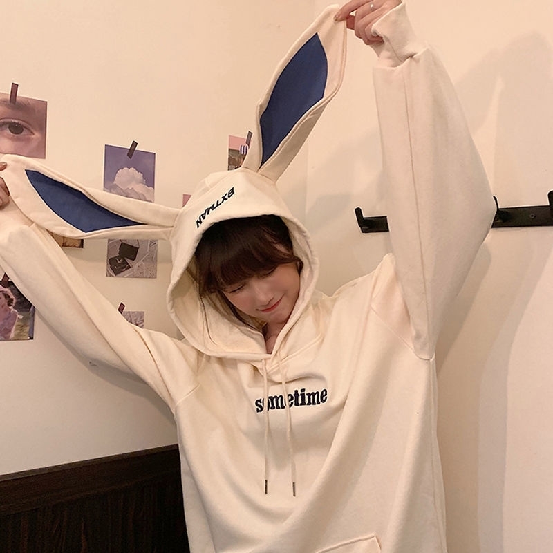Women's Hoodie Sweet Women To Sweatshirts Full Sleeves White Fashion Bunny Ear Hoody Coat Fashion Black Loose Streetwear 201028