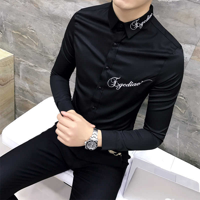 Fashion Shirt Men Party Mens Dress Shirts Long Sleeve Camisa Social Masculina Men Black White Embroidery Club Shirts 210527