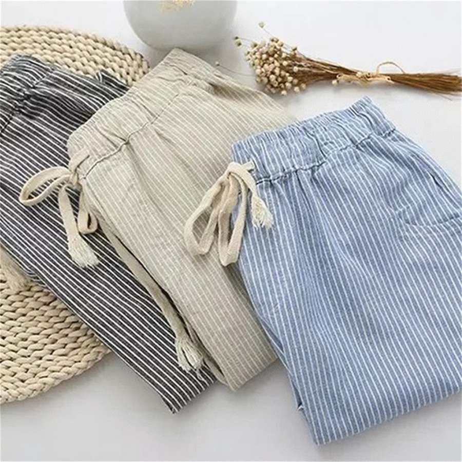 GAOKE Cotton Linen Women Casual Pants Fashion Loose Long Pants Elastic Waist Straight Striped Trousers Pantalon 201012