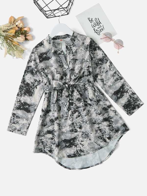 Girls All Over Print Notched Neck High Low Hem Belted Dress SHE