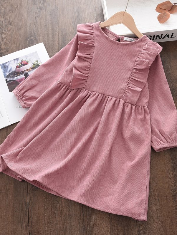 Toddler Girls Ruffle Trim Corduroy Smock Dress SHE