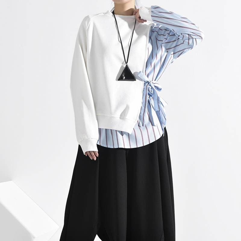 [EAM] Loose Fit Blue Striped Split Bandage Sweatshirt New Round Neck Long Sleeve Women Big Size Fashion Tide Spring LJ201130