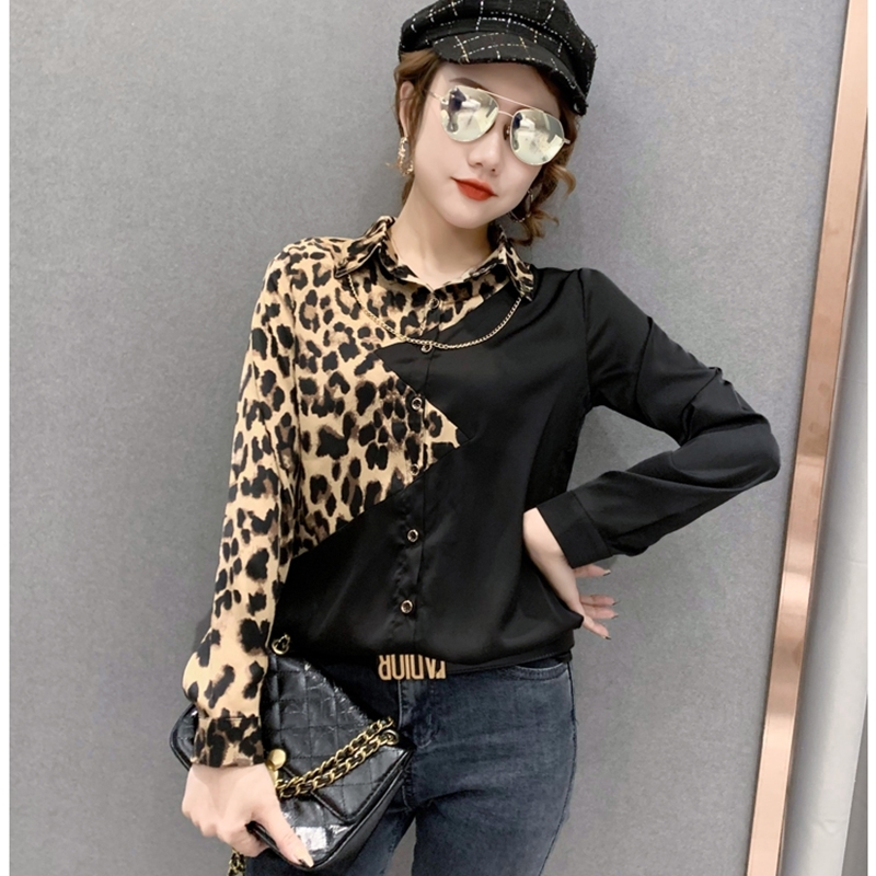 2021 Chic Style Long Sleeve Patched Color Shirts Women Vinatge Print Satin Shirts Lady Office Chiffon Blouses Satin Tops 210225