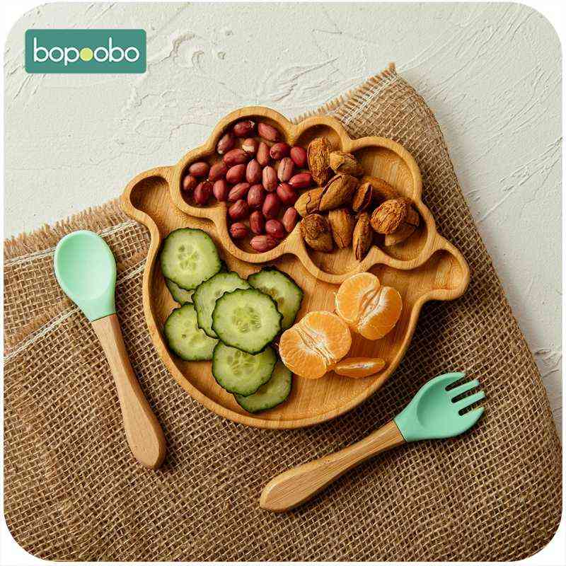 1set Baby Feeding Bowl Baby Dinner Plate Cartoon Sheep Bamboo Kids Feeding Dinnerware With Silicone Suction Cup Wooden Fork Spoo 211027