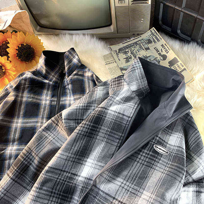 Coat Spring Autumn Casual Stand Jacket Men Korean Reversible Plaid Fashion All Match Loose Fit Jackets Women 211110