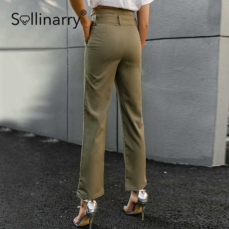 Sollinarry Fashion double waistband hem pants women Retro green loose straight trouser High waist slim leisure summer capris 210709