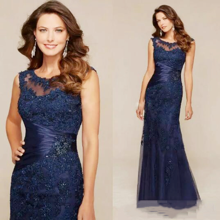 Elegant Dark Navy Mermaid Mother Of The Bride Groom Dresses Appliques Lace Beads Scoop Neck Sleeveless Long Wedding Guest Dress Evening Formal Gowns 2