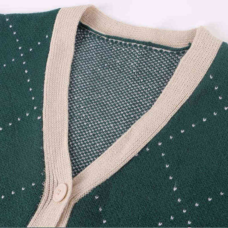 Wixra Women Single Breasted Argyle Long Sleeve Cardigan Autumn Winter Stylish Green Knitwear Pockets Sweater 211123wtt