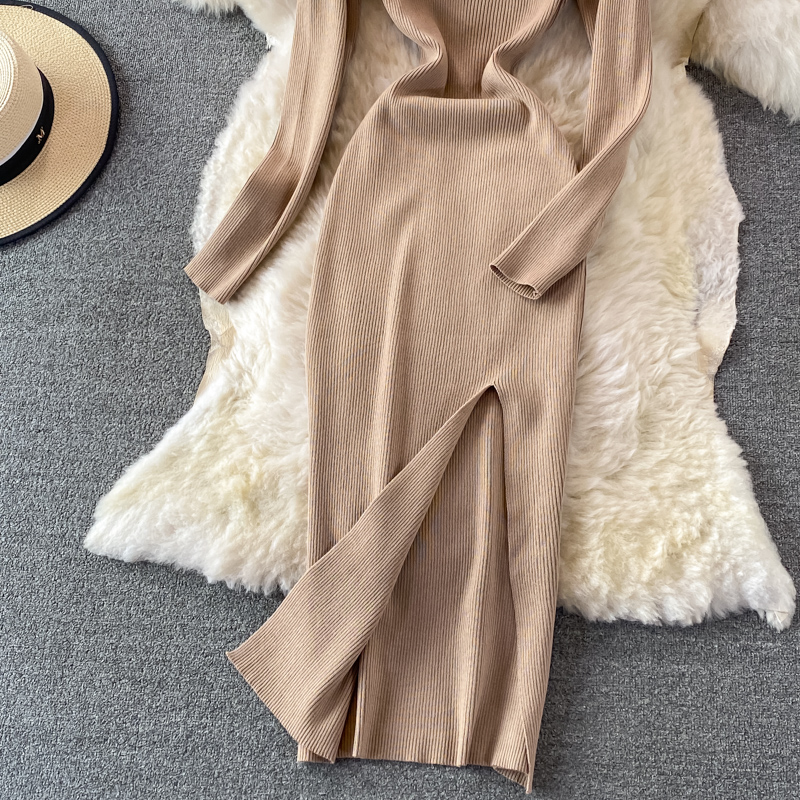 Autumn new design womens sexy retro square collar long sleeve solid color knitted vent jag maxi long dress