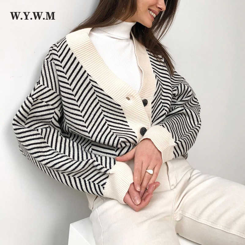 WYWM Fall Striped Knitted Cardigans Sweater Women Vintage Korean Chic Long Sleeve Coat Fashion Streetwear Loose Female Tops 211018