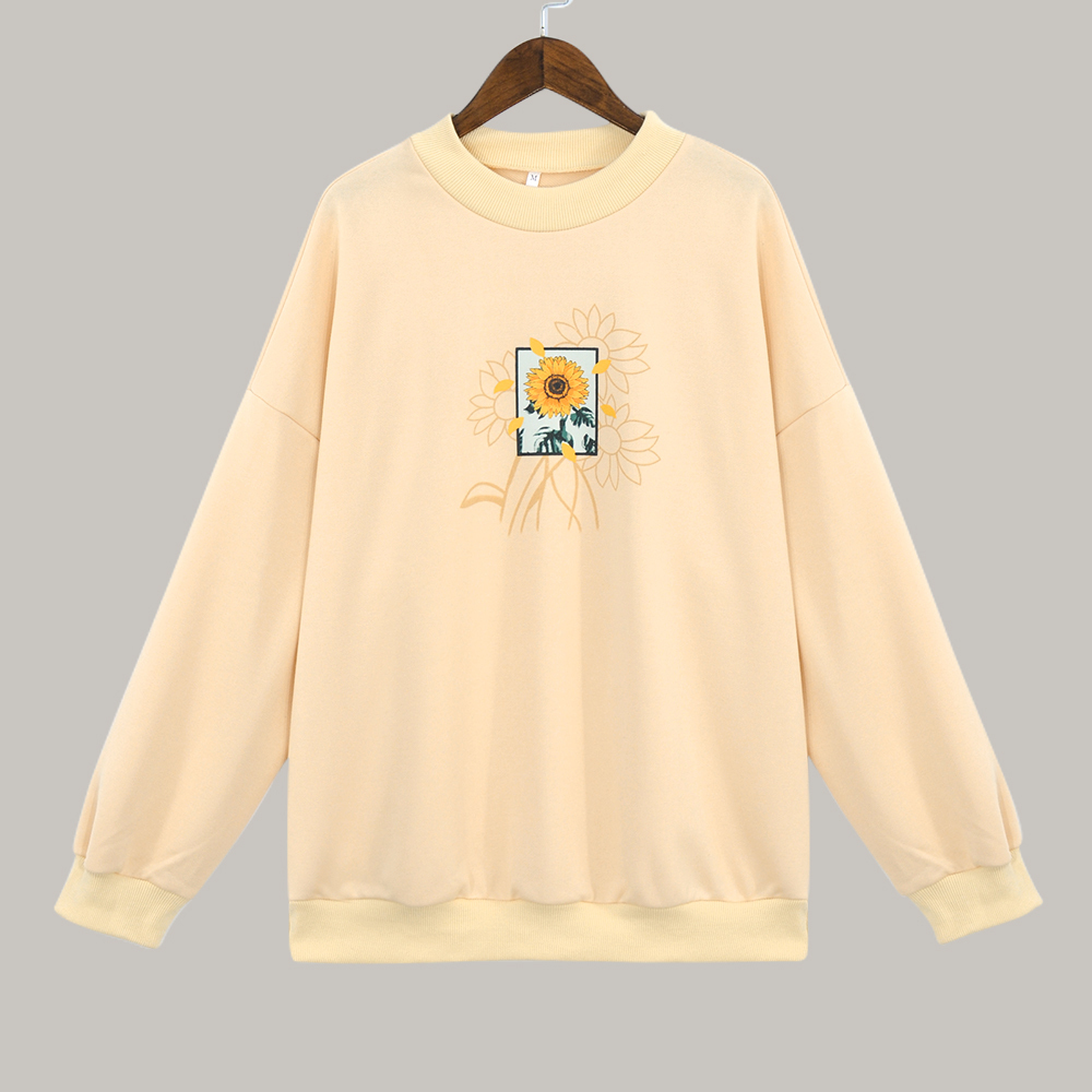 Women's Sweatshirt With Flower Print O-Neck Autumn Winter Female Casual Cute Yellow Clothes Woman Hoodies Loose Pullover 201112