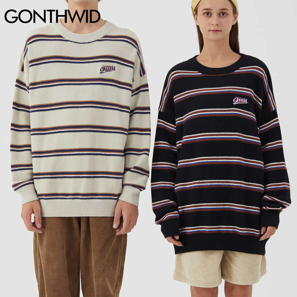 GONTHWID Harajuku Stripe Knitted Jumpers Sweaters Streetwear Hip Hop Casual Pullover Knitwear Mens Fashion Crew Neck Tops 210818
