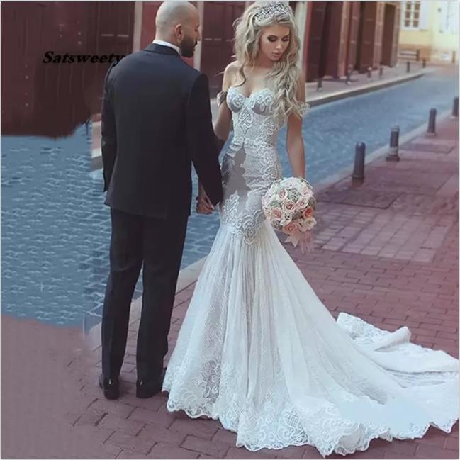 Modest Mermaid Wedding Dresses Off The Shoulder Tulle Lace Appliques Wedding Gowns Sweep Train robe de mariée Plus Size