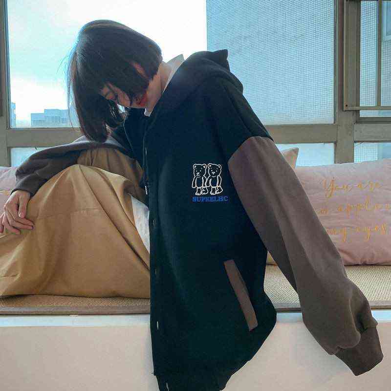 Harajuku Oversized Sweatshirt Streetwear Women Print Letter Zip Up Hoodies Student Plus Size Korean Outwear Chic Bear Loose Tops 211109