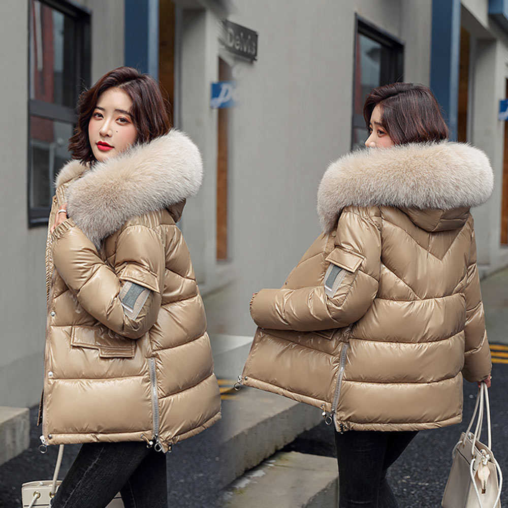 Vielleicht Women Winter Hooded Thick Short Jacket Solid Casual Glossy Warm Cotton Padded Parkas Fur Collar Coat 211013